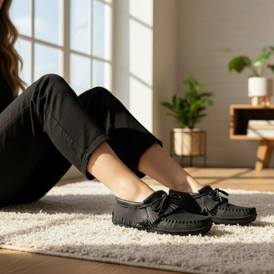 Black moccasin shoe with fringes on a white background