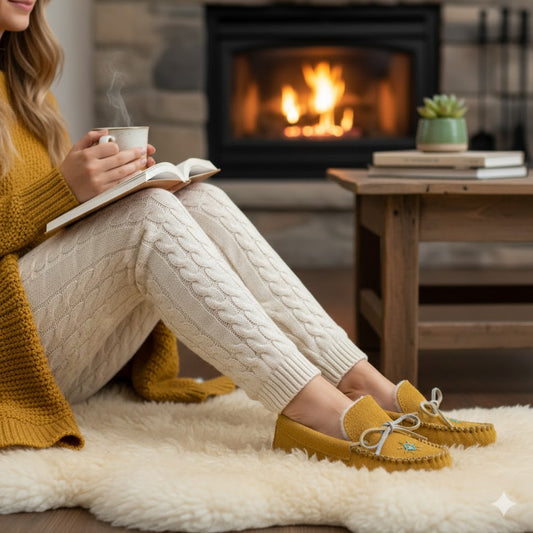 Person sitting by a fireplace holding a mug and book, wearing mustard yellow sweater and shoes.
