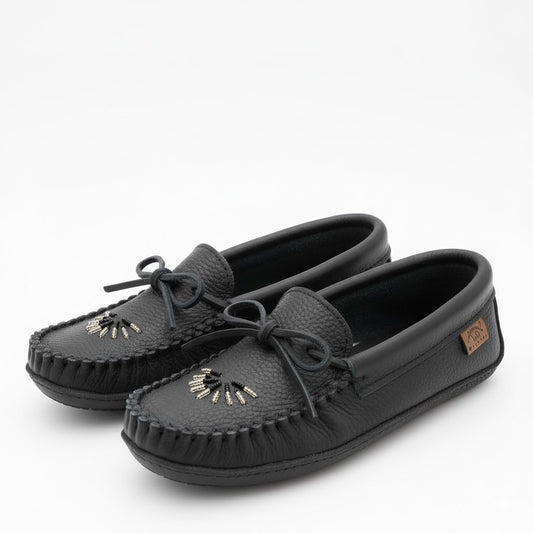 Women's Laurentian Chief Black Leather Moccasins with Leather Sole
