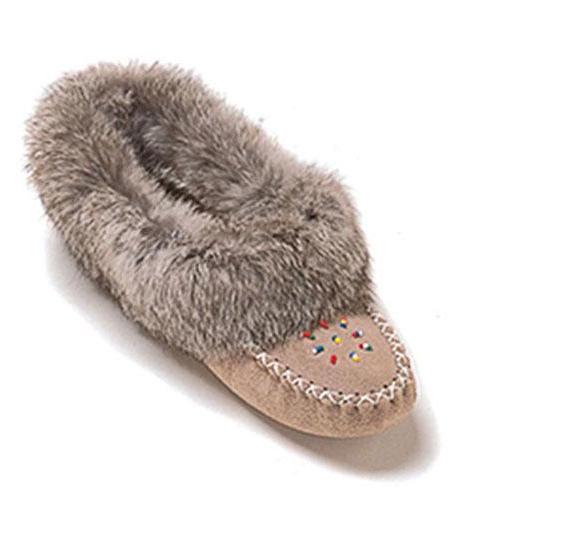 Women's Grey Suede Beaded Moccasins With Rabbit Fur Trim - Special Order 2 - 3 Weeks